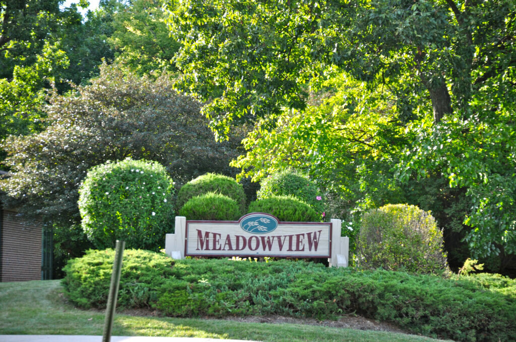 Meadowview School wood sign in front of school.